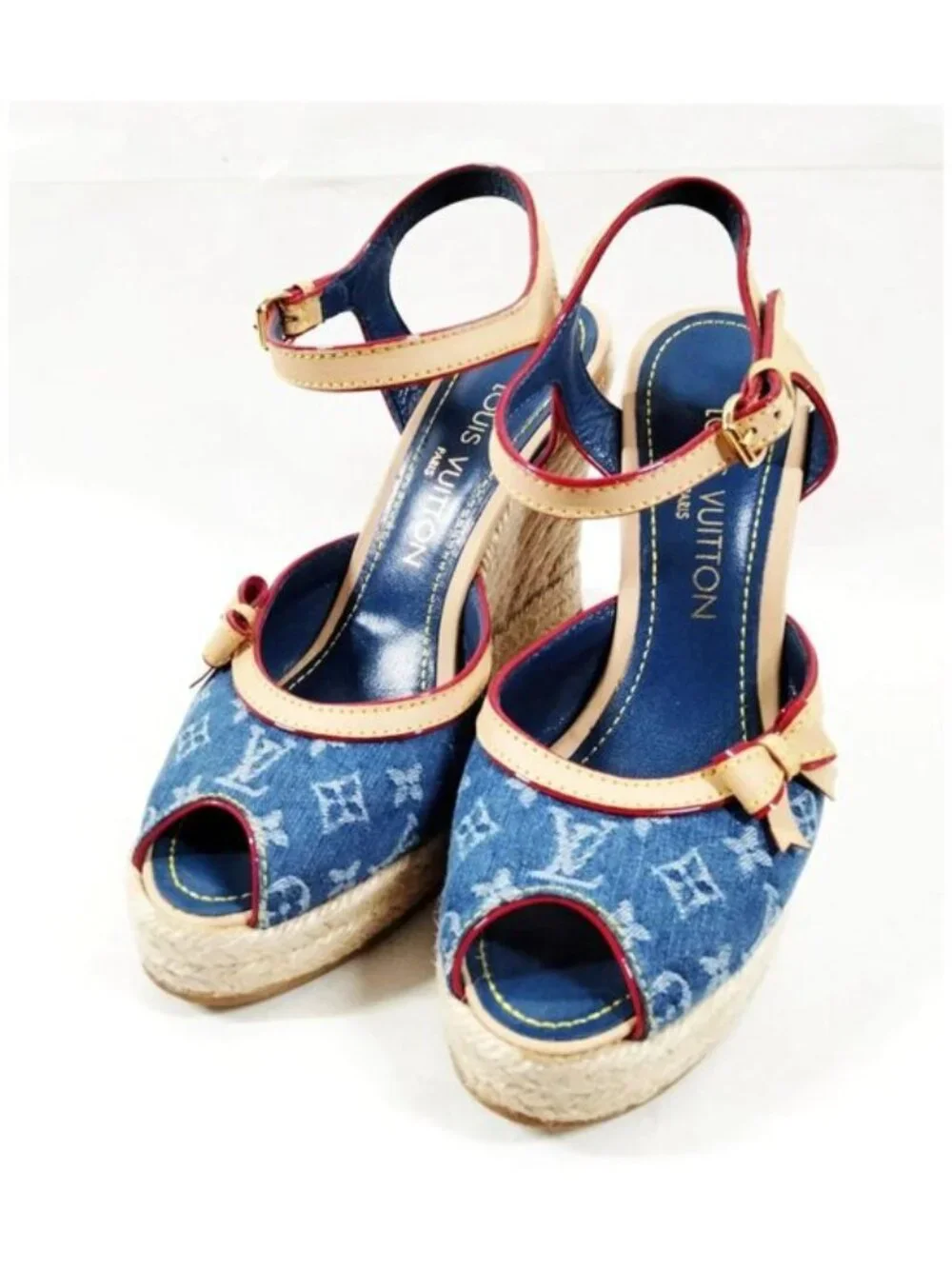 Authentic Louis Vuitton Monogram Denim Espadrille Wedge Sandals